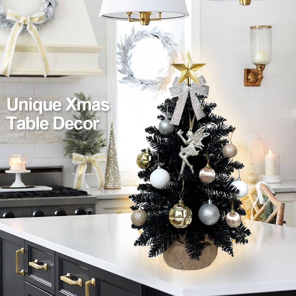 Full Kit Mini Black Christmas Tree WITH Ornaments and Lights