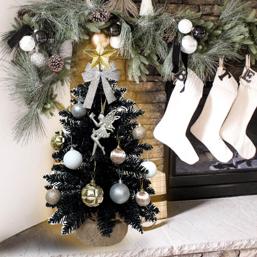 Full Kit Mini Black Christmas Tree WITH Ornaments and Lights