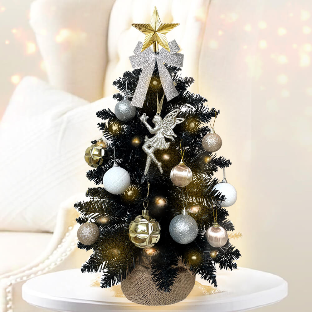 Full Kit Mini Black Christmas Tree WITH Ornaments and Lights