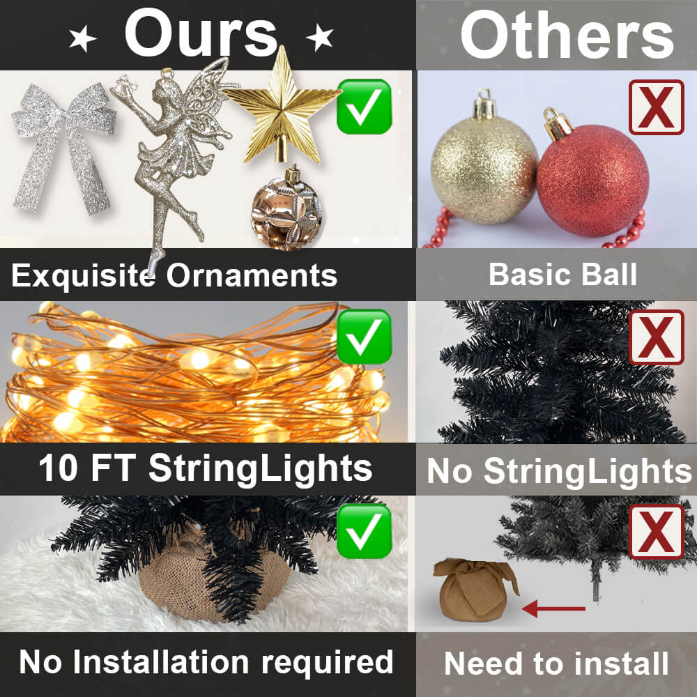 Full Kit Mini Black Christmas Tree WITH Ornaments and Lights